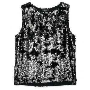 100% Silk DKNY Black Silver Paillette Sequin Sleeveless Shell Top | Size L
